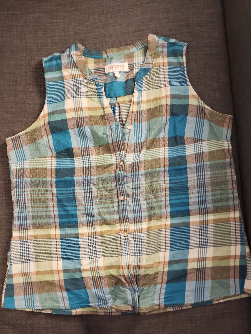 Shyanne Sleeveless Plaid Button-Front Tank - Blue, Green & Tan